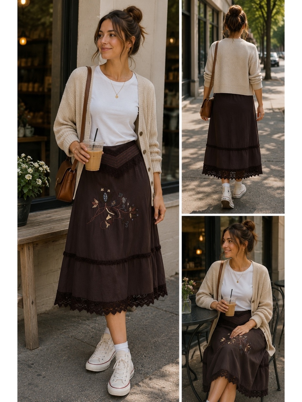 April Cornell Embroidered Boho Midi Skirt Brown Sheer Lace Cottagecore XL